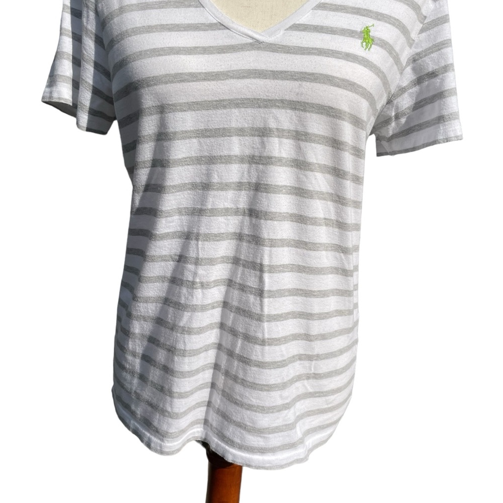Ralph Lauren Sport grey, white stripe V neck Tee Shirt 100% Pima cotton Large - Picture 6 of 12